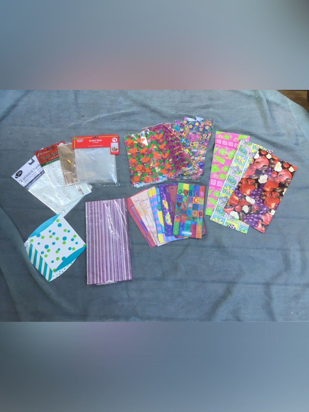 New 80+ Gift Bag Assortment, Basket Liners,Small Cellophane & Paper Etc.